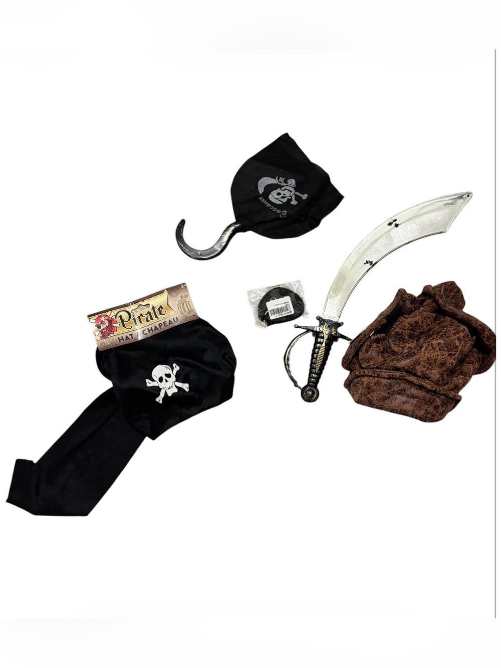 Pirate Costume Bandana, Hook ,eye patch , flag and hat Accessory Set - Black